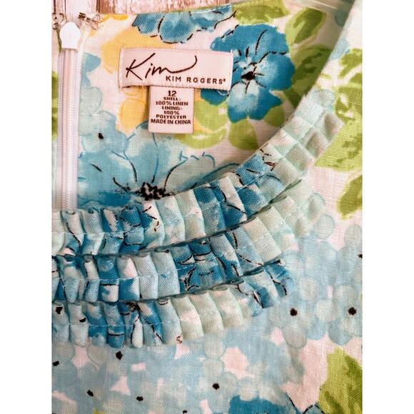 Kim Rogers 100% Linen Blue Floral Print Shift Dress Size 12 - Picture 4 of 7